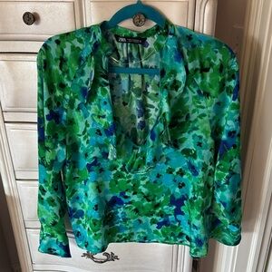 ZARA Green and Blue Floral V-Neck Blouse with Ruffle Tie